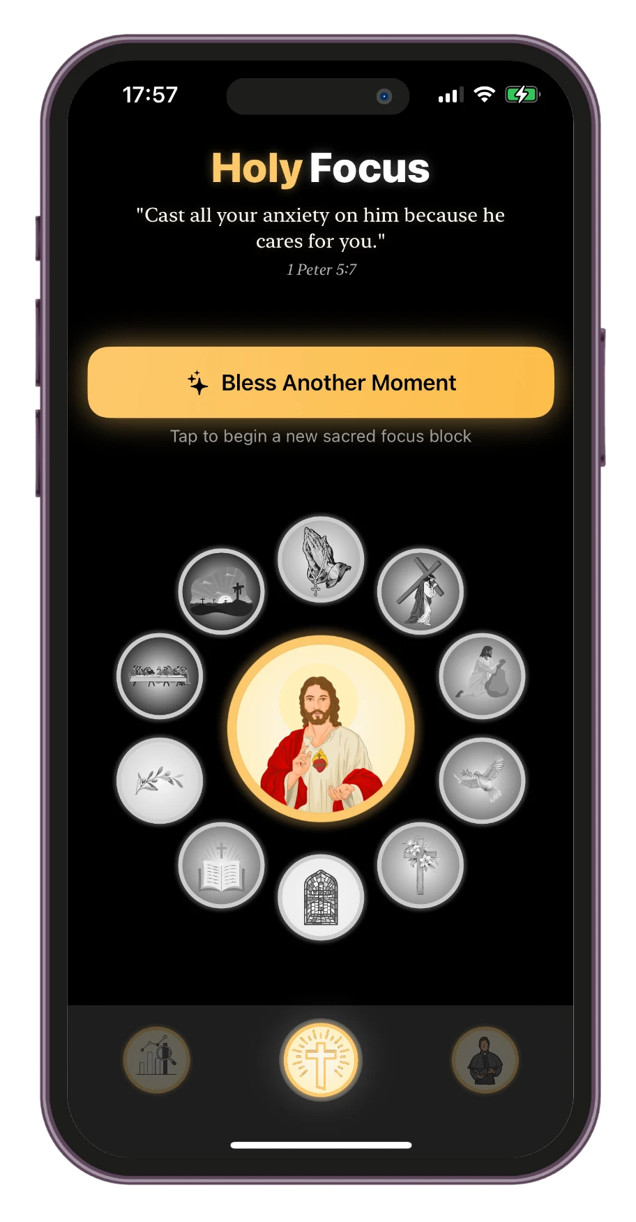Main screen of the Holy Focus app showing a verse from 1 Peter 5:7 and sacred icon selection for a focus block.