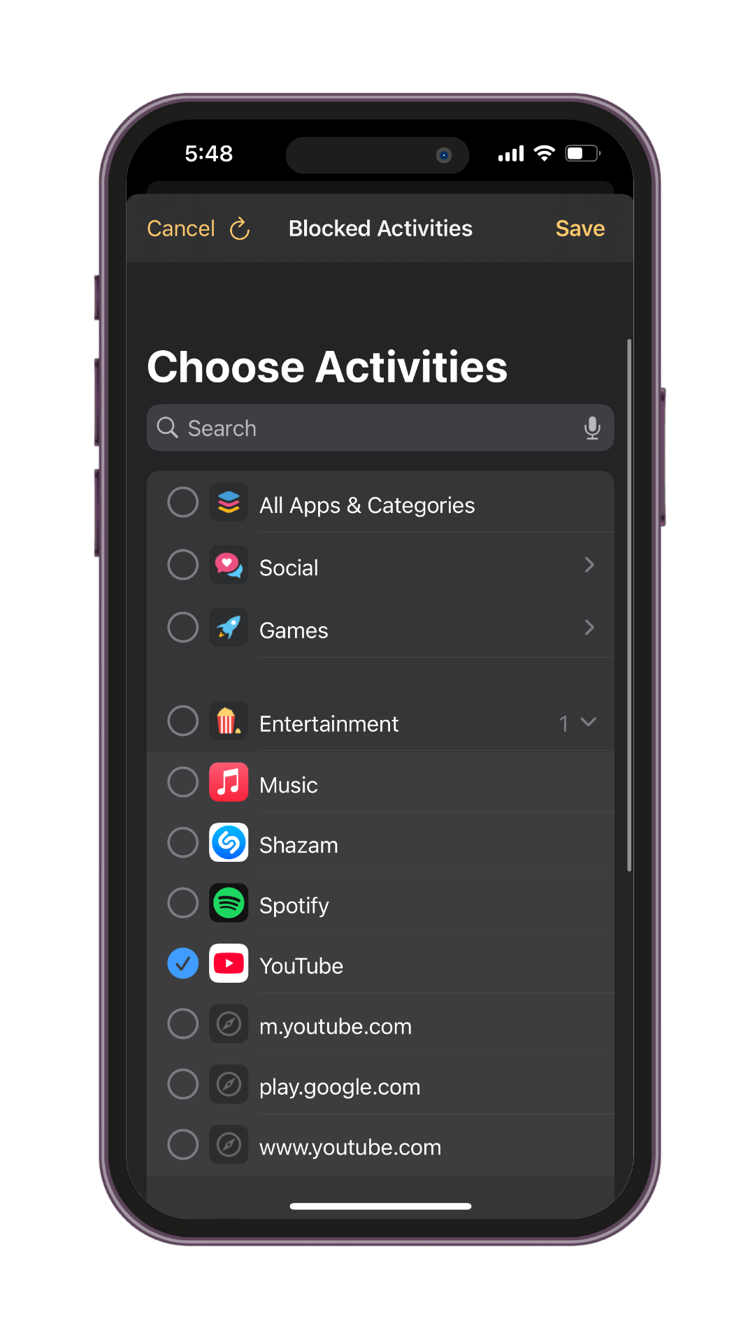 User selecting YouTube and other apps to block inside the Holy Focus app