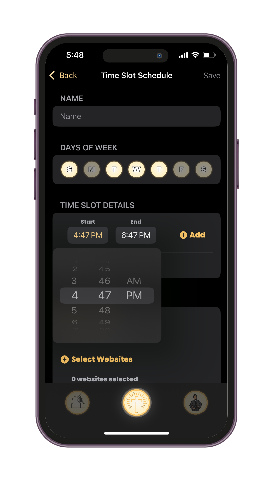 User setting a custom time slot to block apps or websites in the Holy Focus app