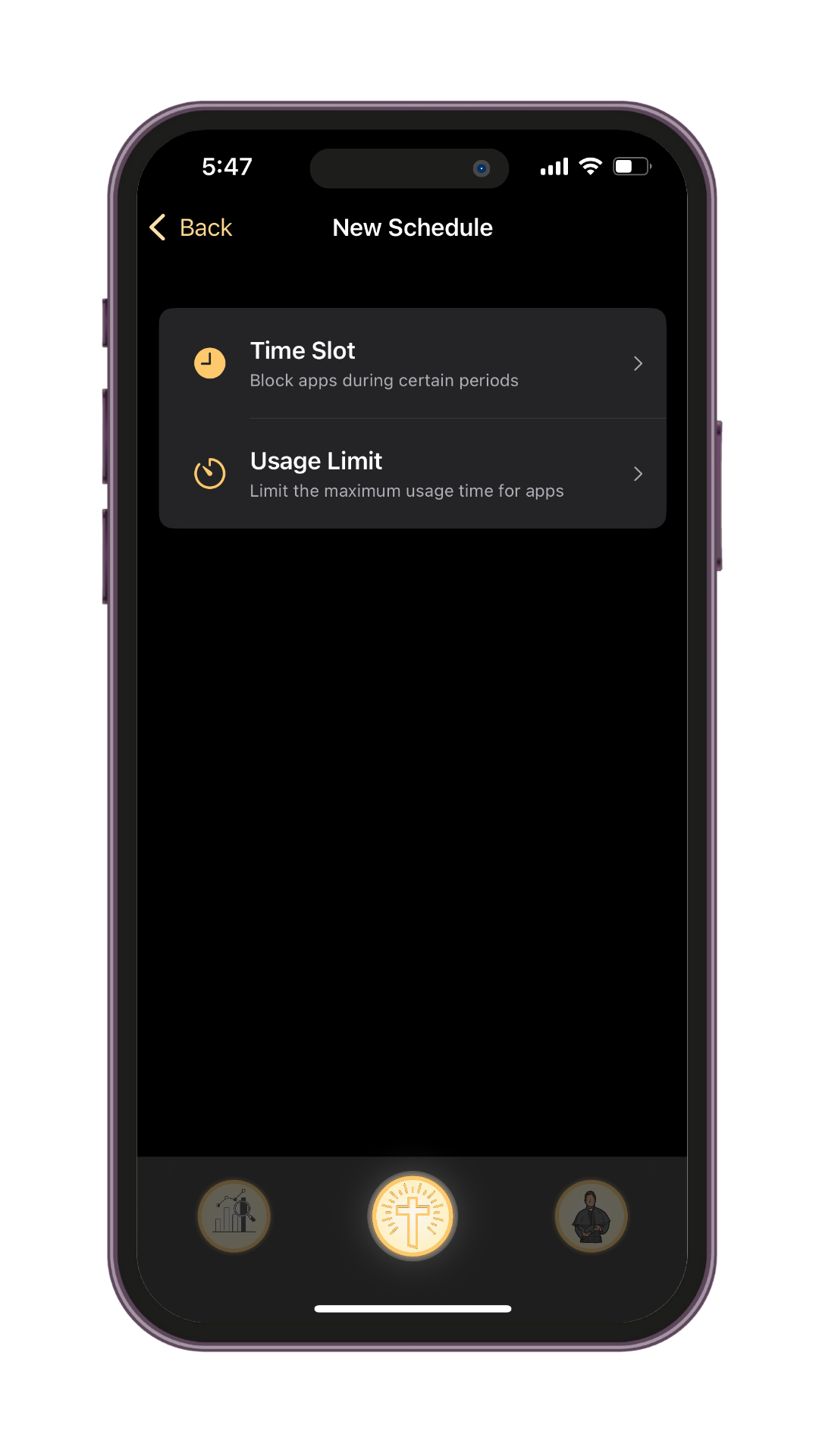 User choosing between Time Slot and Usage Limit scheduling options in the Holy Focus app