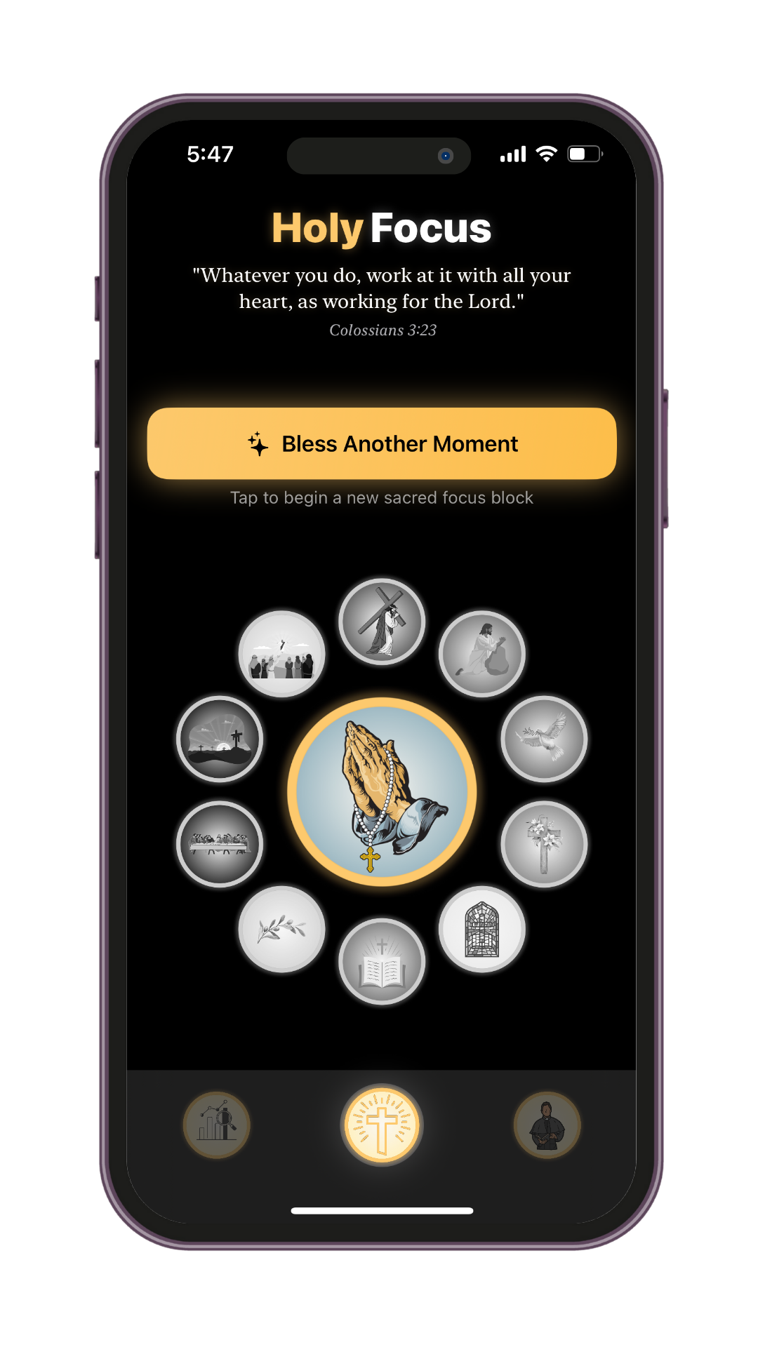 Startscreen of the Holy Focus app with “Bless Another Moment” button and circular prayer icon menu