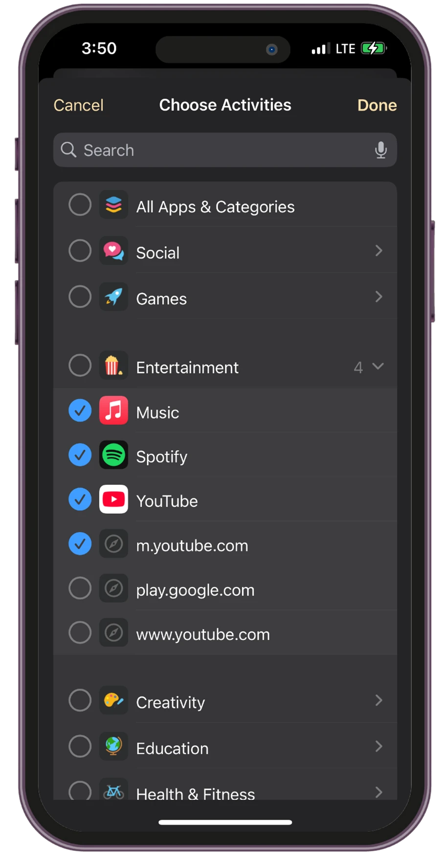 Selection screen in Holy Focus app to choose apps and websites to block during focus time.