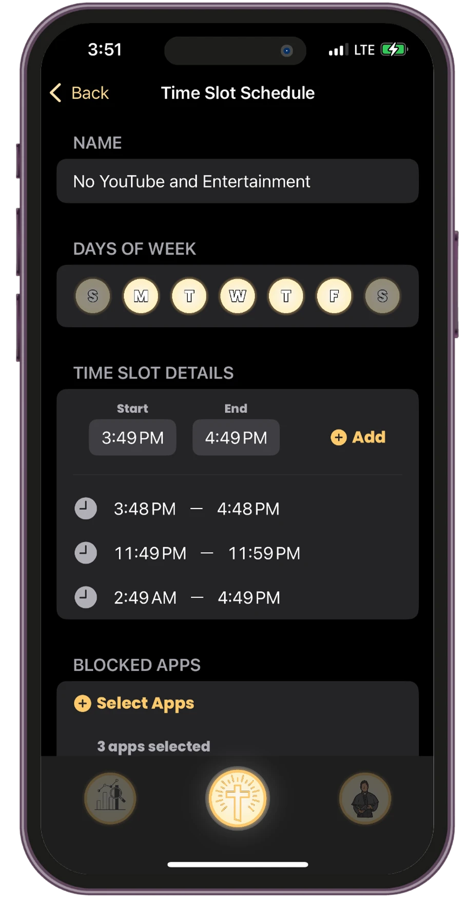 Time slot scheduling screen in the Holy Focus app to block distractions during selected hours.