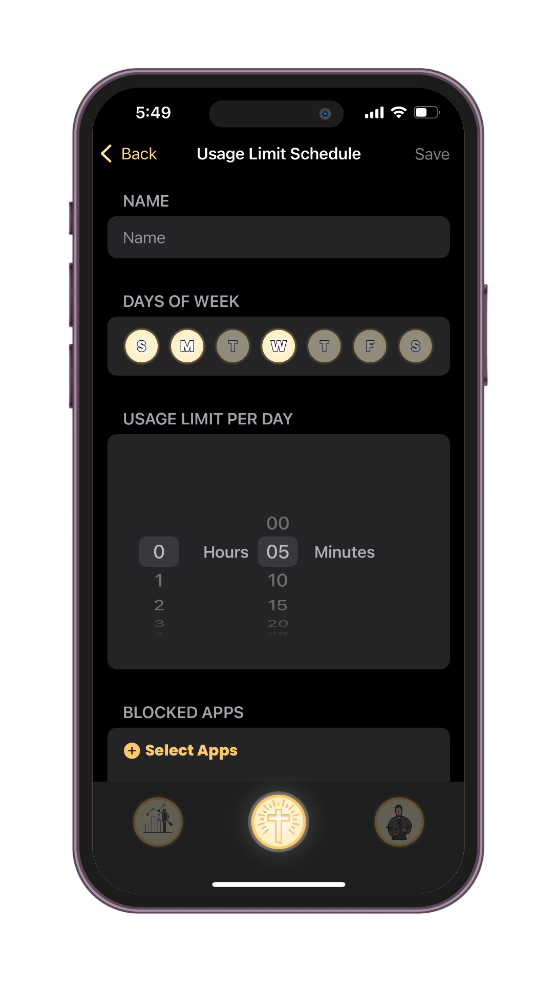 Setting a daily app usage limit in the Holy Focus app to block distractions like YouTube