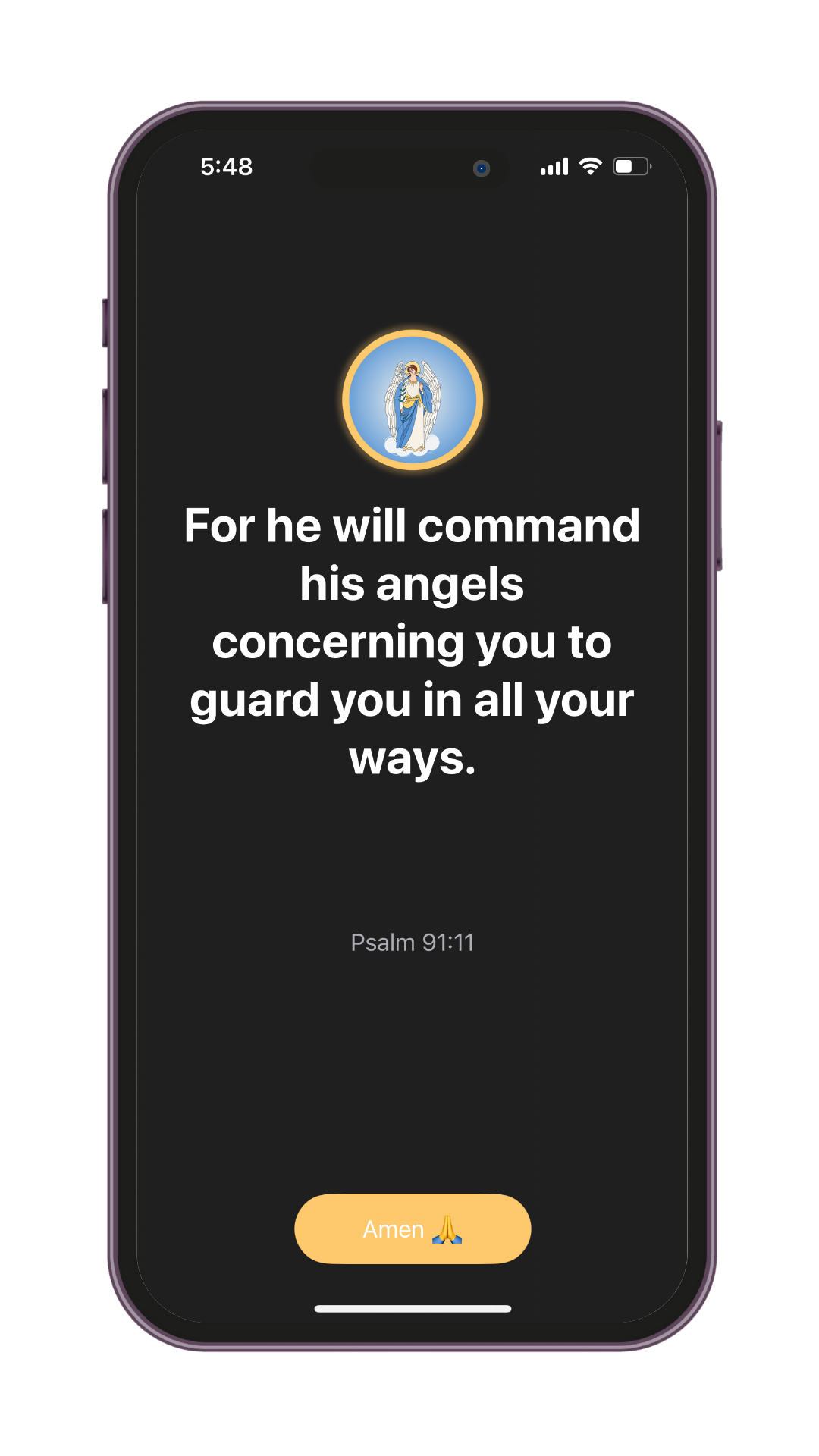 Bible verse from Psalm 91:11 shown in the Holy Focus app after attempting to open a blocked app