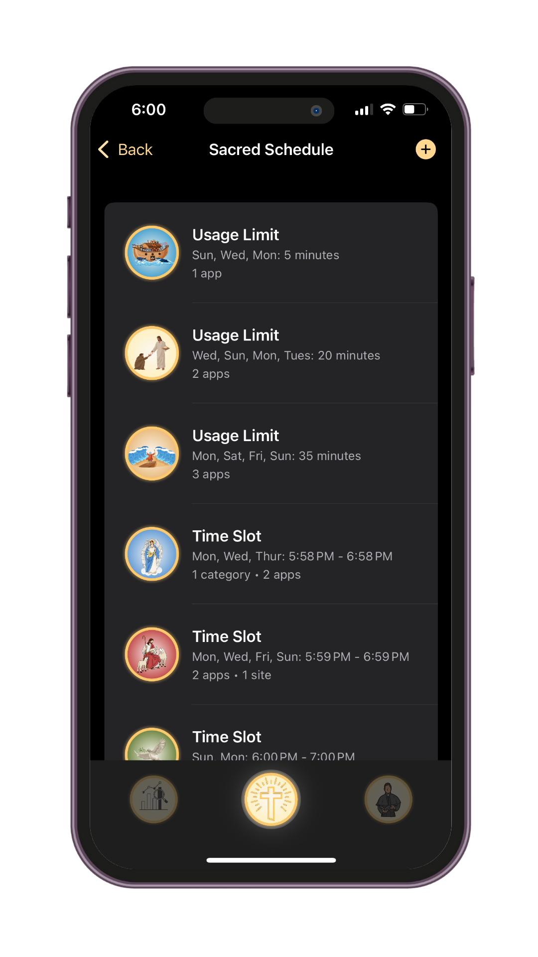 Overview of daily usage limits and time slots in the Sacred Schedule section of the Holy Focus app