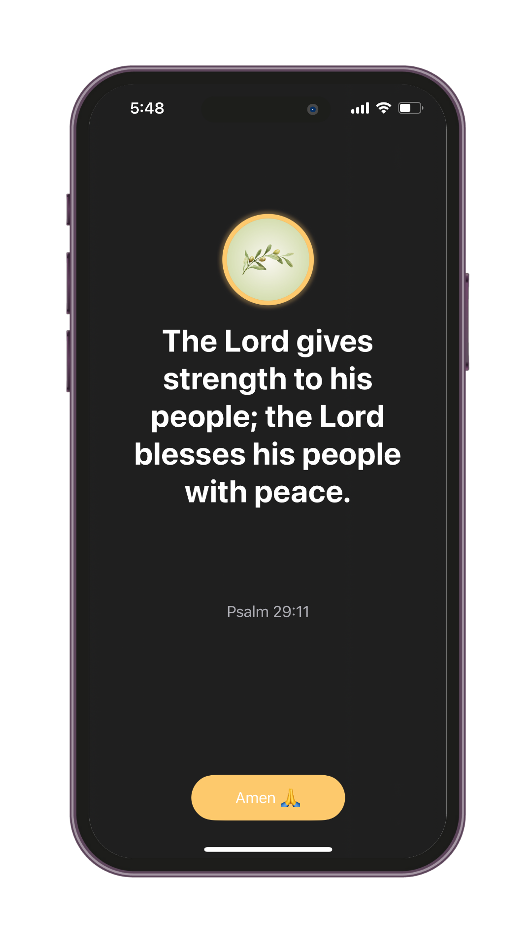 Bible verse from Psalm 29:11 displayed in the Holy Focus app after blocking access to an app