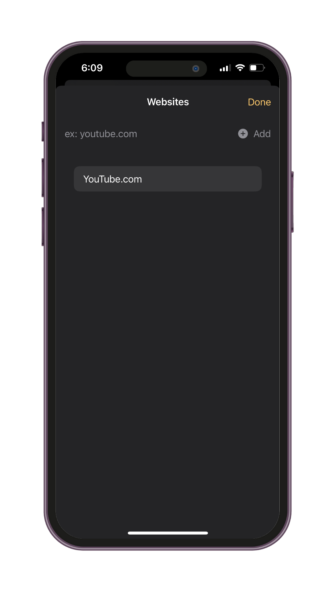 User adding YouTube.com to the blocked websites list in the Holy Focus app