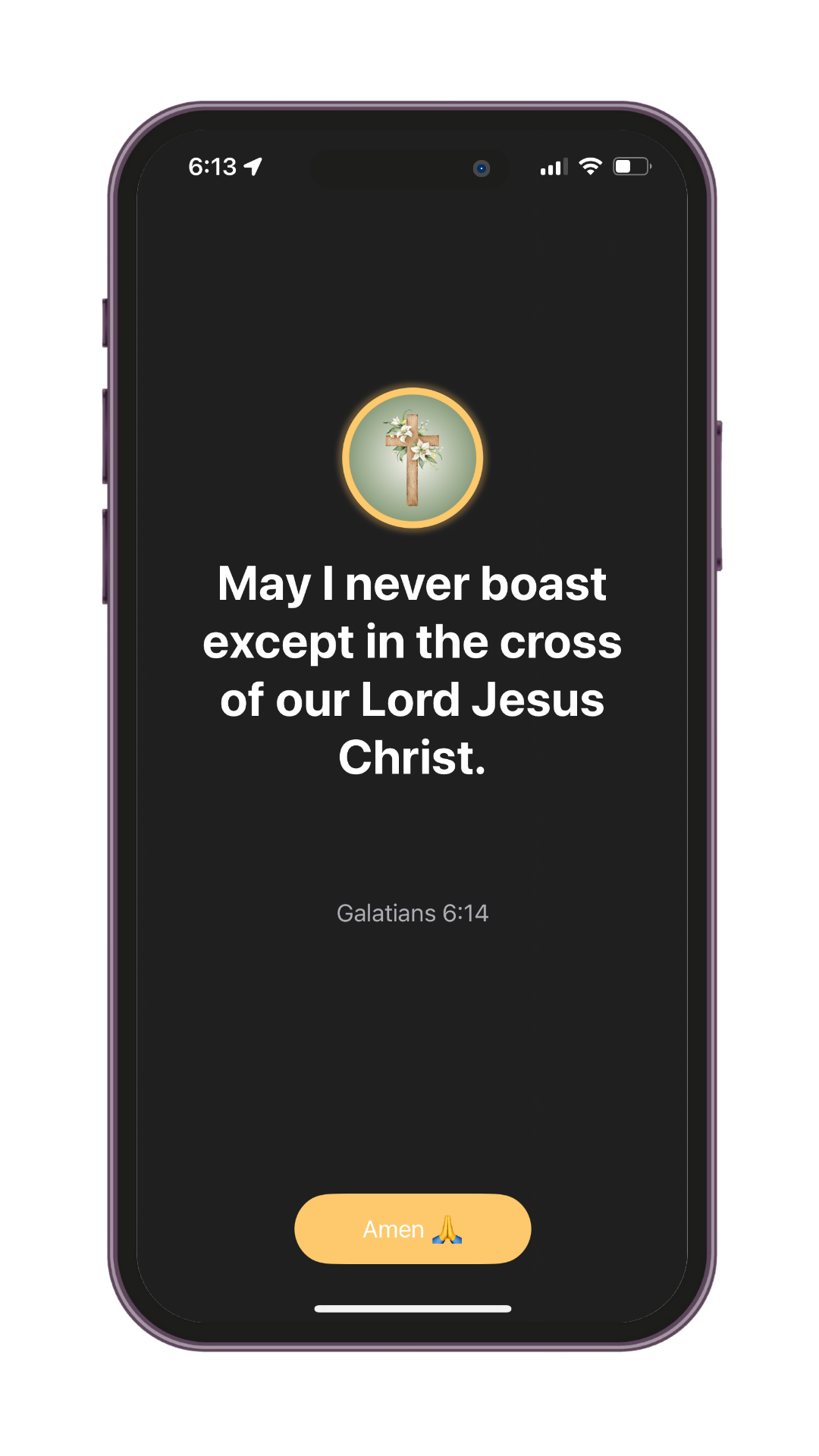 Bible verse from Galatians 6:14 displayed in the Holy Focus app after a blocked app is accessed