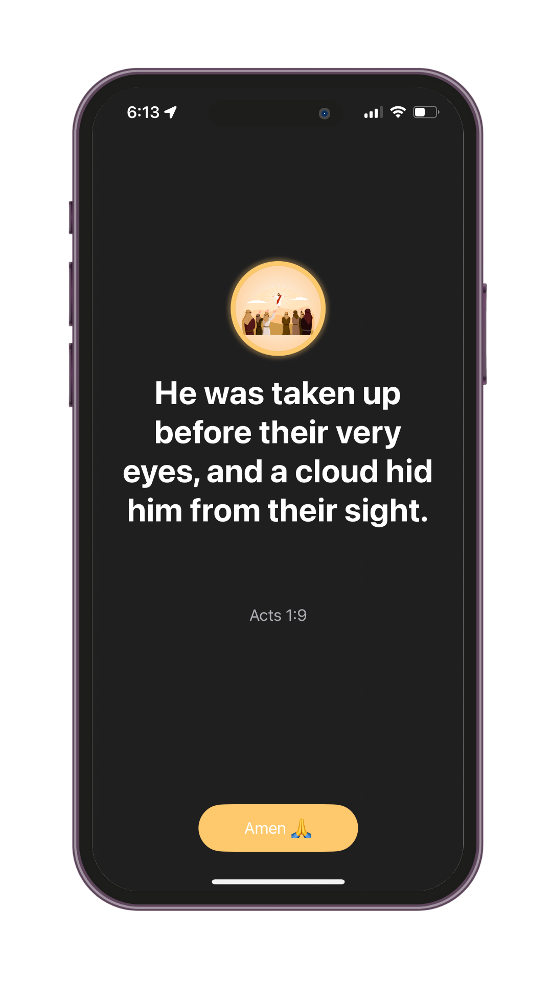Bible verse from Acts 1:9 shown in the Holy Focus app after YouTube is blocked