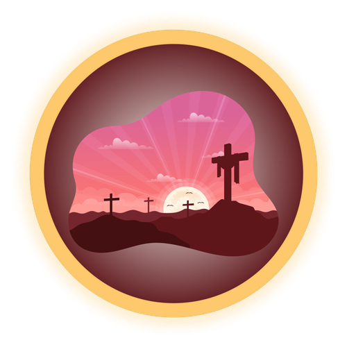 Three crosses on a hill at sunset, symbolizing Christ's crucifixion and redemption.