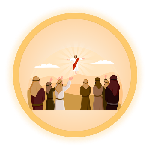 Jesus ascending into heaven, surrounded by His disciples looking upward.