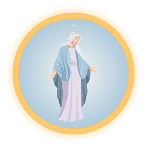 Illustration of the Virgin Mary with open hands and a peaceful expression, halo above her head.