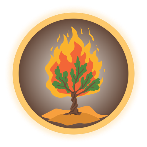 Burning bush with green leaves and flames, symbolizing God’s presence and calling.