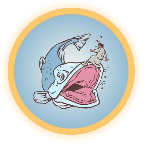 Jonah emerging from the mouth of a great fish in the sea.