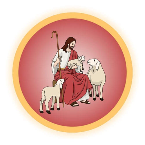 Jesus seated with sheep, lovingly watching over them as the Good Shepherd.