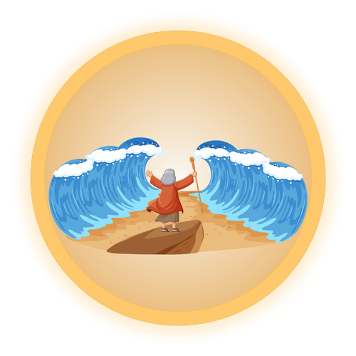 Moses parting the Red Sea with raised arms and flowing water walls on both sides.