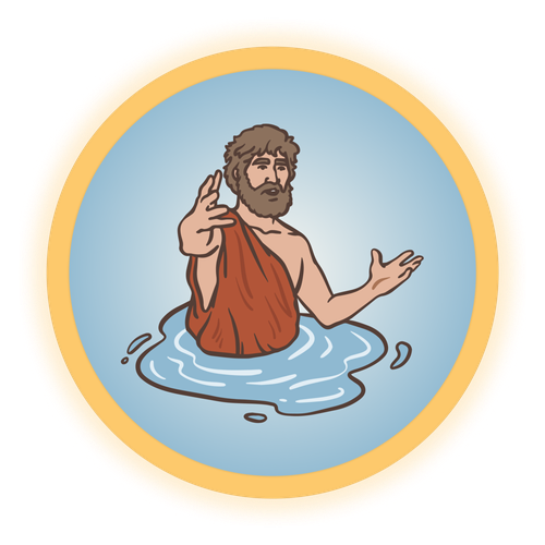 John the Baptist standing waist-deep in water, preparing to baptize.