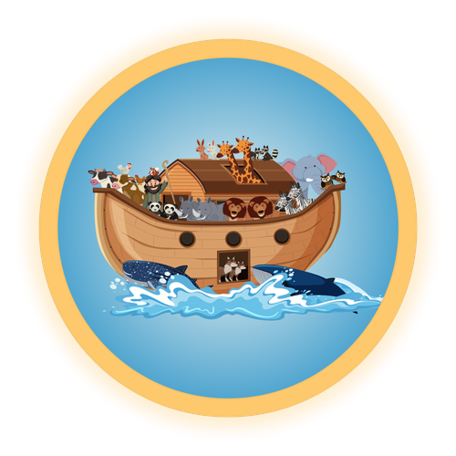 Noah’s Ark floating on the water, filled with animals and surrounded by waves.