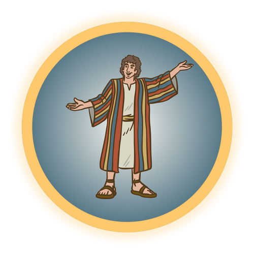 Joseph standing with a multicolored robe, arms open in blessing.