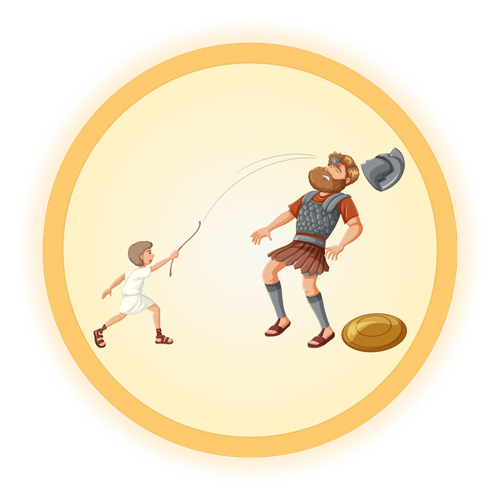Young David slinging a stone at the armored giant Goliath.