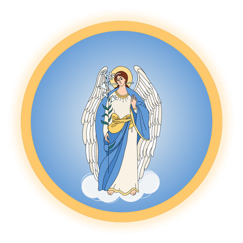 Heavenly angel with wings standing on a cloud, wearing white and blue garments.