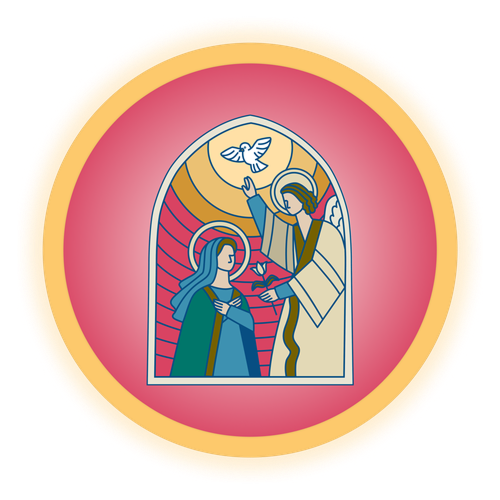 Angel Gabriel appearing to Mary with a dove above, announcing the birth of Jesus.