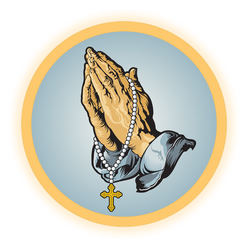 Two praying hands holding a rosary with a cross.