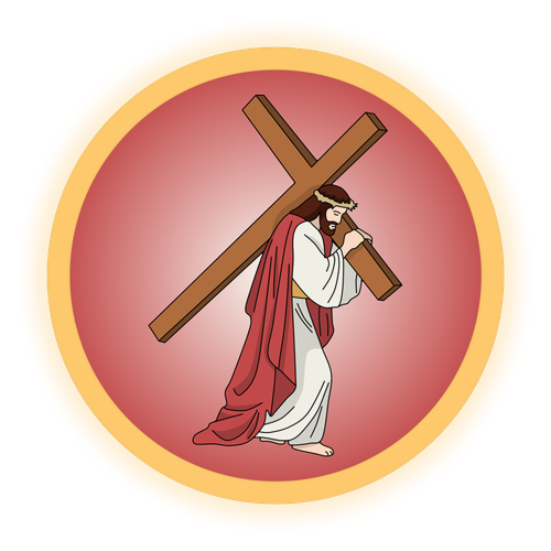 Jesus carrying a large wooden cross on His shoulder, walking toward Calvary.