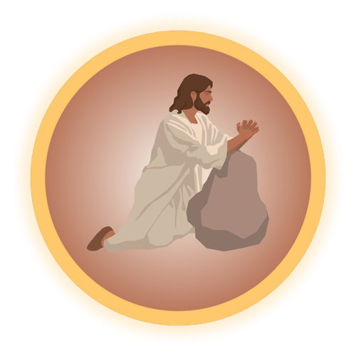 Jesus kneeling and praying beside a rock, alone in the Garden of Gethsemane.