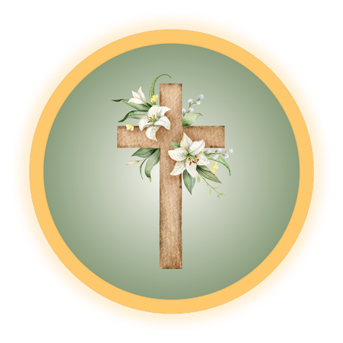 Wooden cross decorated with white lilies, symbol of resurrection and purity.