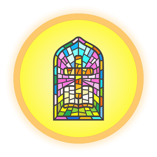 Stained glass window with colorful panels and a golden cross in the center.