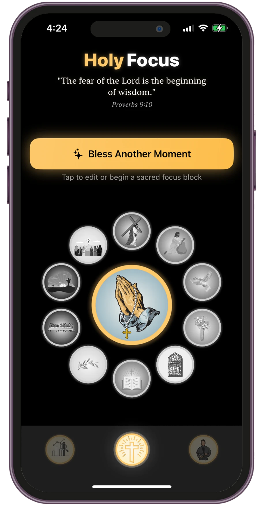 Main screen of the Holy Focus app with prayer icons and a button to start a sacred focus block.