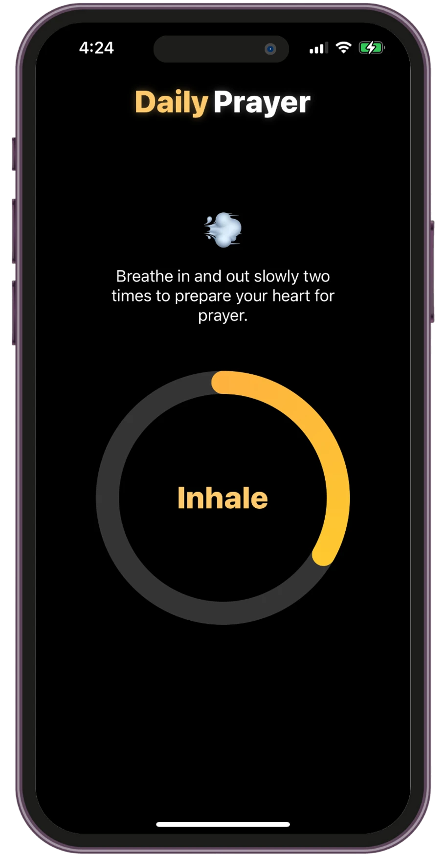 Breathing animation screen in the Holy Focus app guiding users to inhale slowly before prayer.