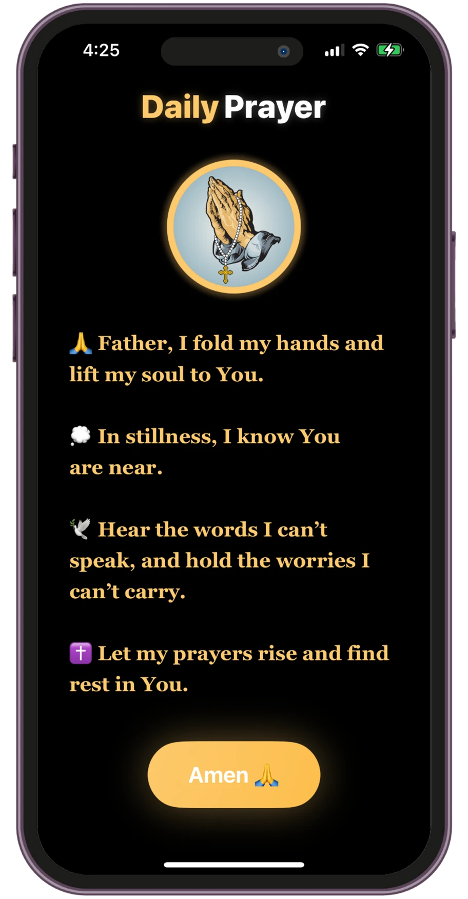 Daily prayer screen in the Holy Focus app, featuring a reflective prayer and Amen button.