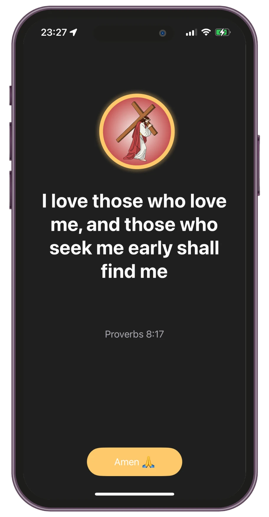 Blocking screen in the Holy Focus app showing Proverbs 8:17 as a reminder when opening a restricted app.