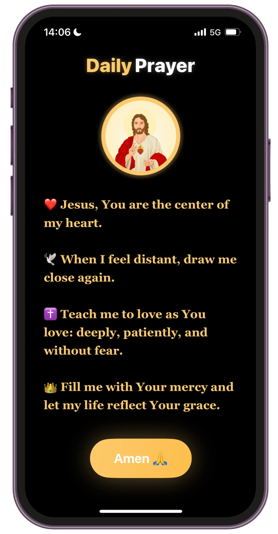 Daily Prayer screen in the Holy Focus app featuring a heart-centered prayer and Amen button.