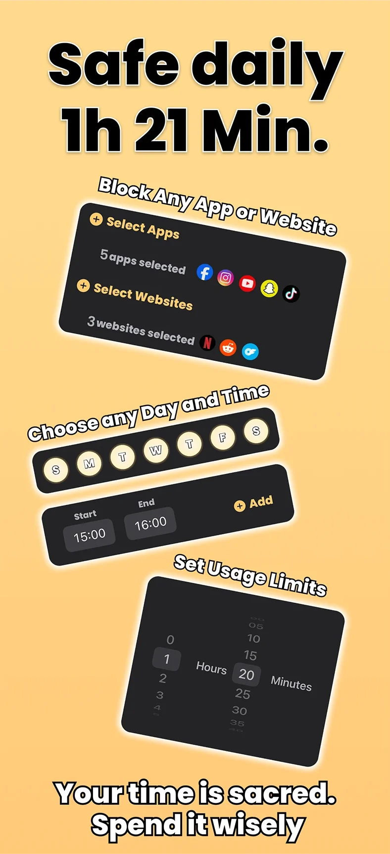 Promotional image showing saved daily time, app blocking, scheduling, and usage limit settings in the Holy Focus app.
