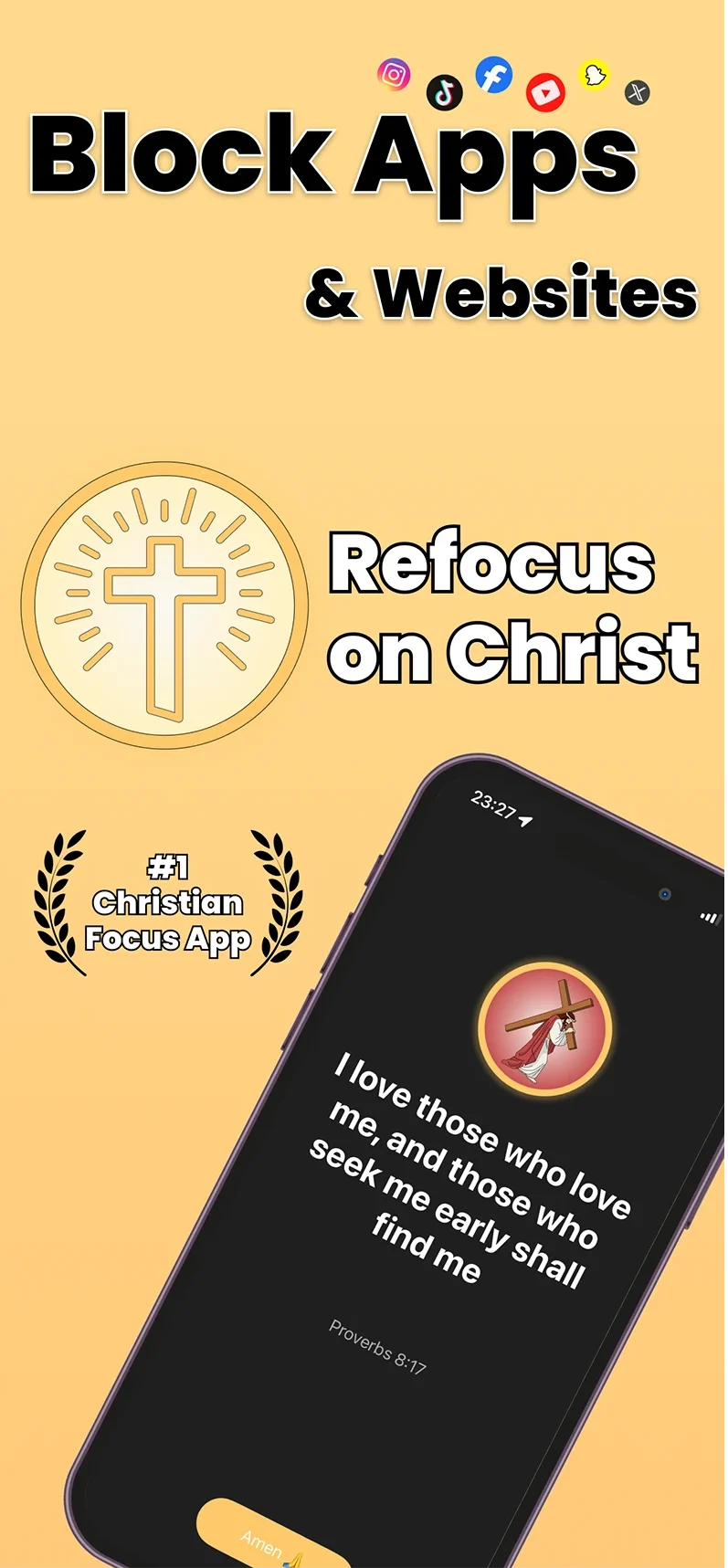 Promotional graphic for the Holy Focus app showing app blocking, Scripture, and the call to refocus on Christ.