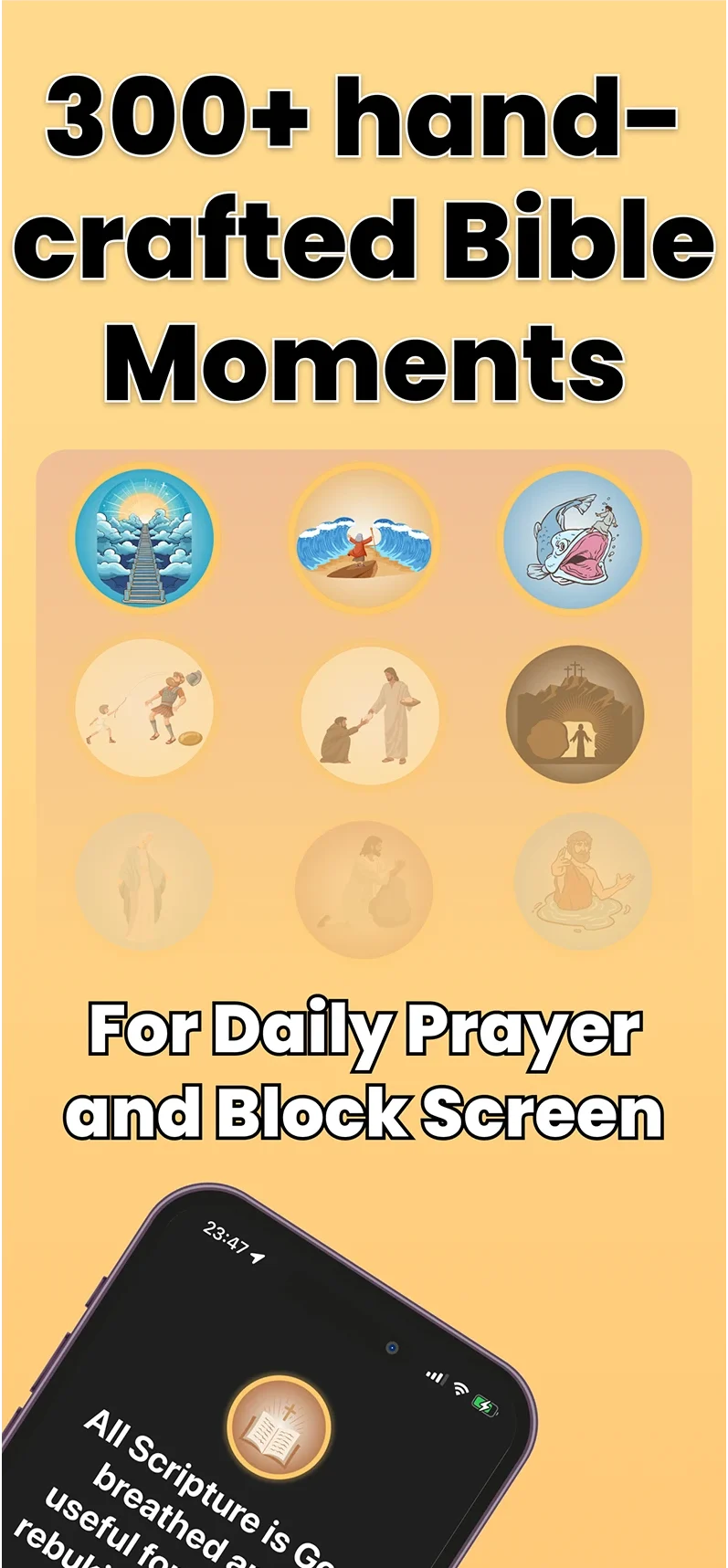 Promotional screenshot showing 300+ handcrafted Bible moments used for prayer and app blocking in the Holy Focus app.