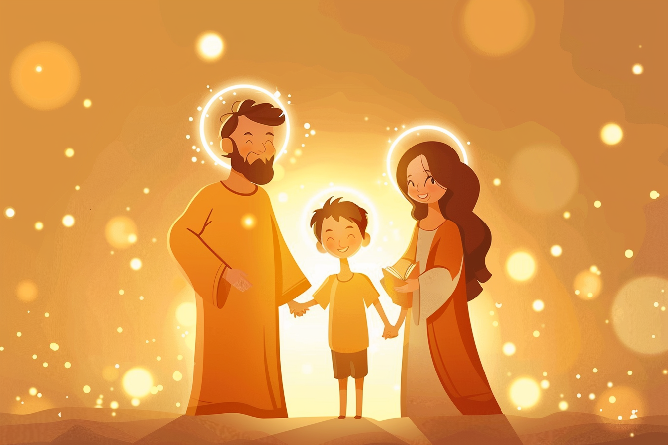 Biblical family—father, mother, and child—standing together with glowing halos and warm expressions in an icon-style illustration.