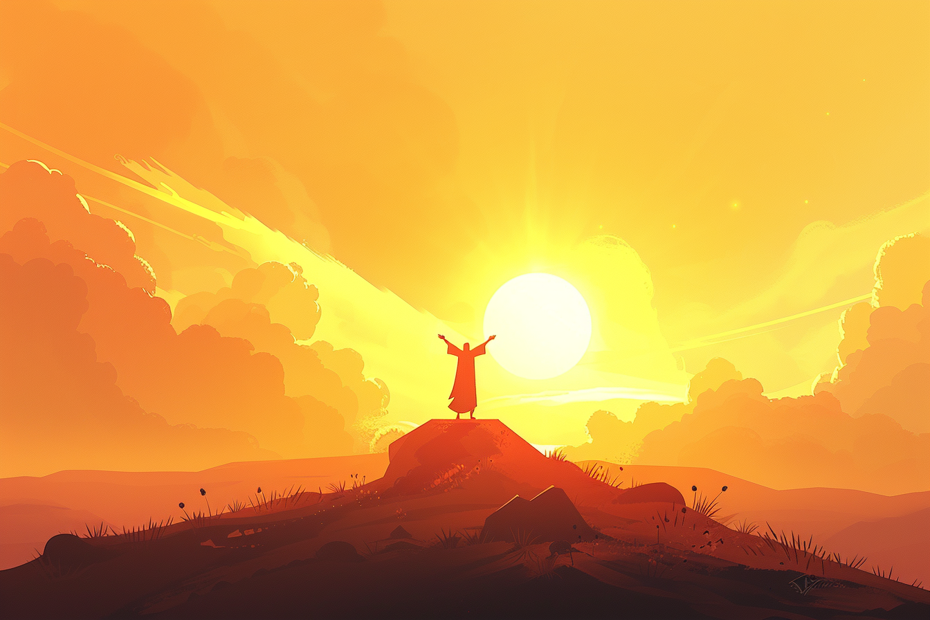 A biblical figure standing on a hill with arms raised toward the sunrise, surrounded by golden light and a peaceful sky.