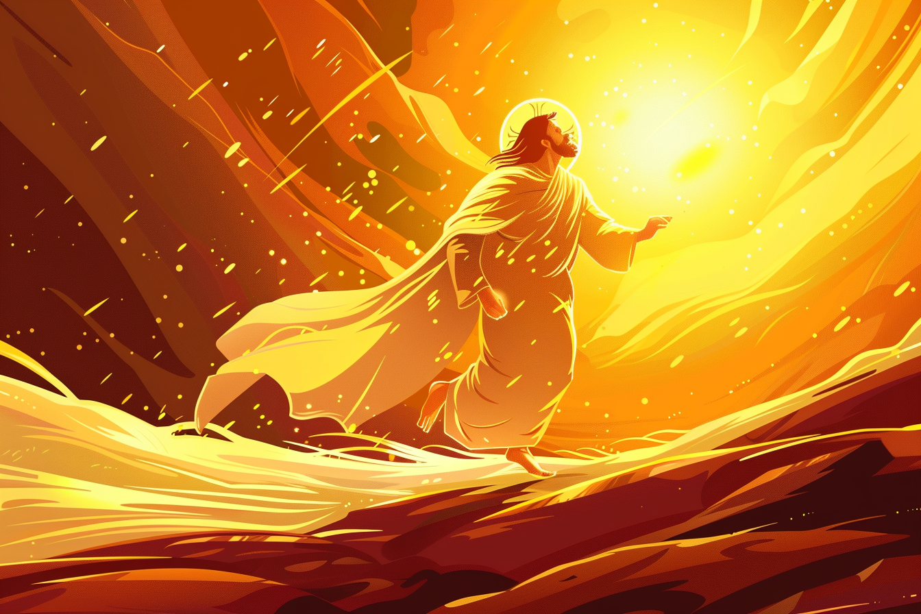 A biblical man running with purpose toward a glowing light, clothed in white with a golden halo, on a radiant path.