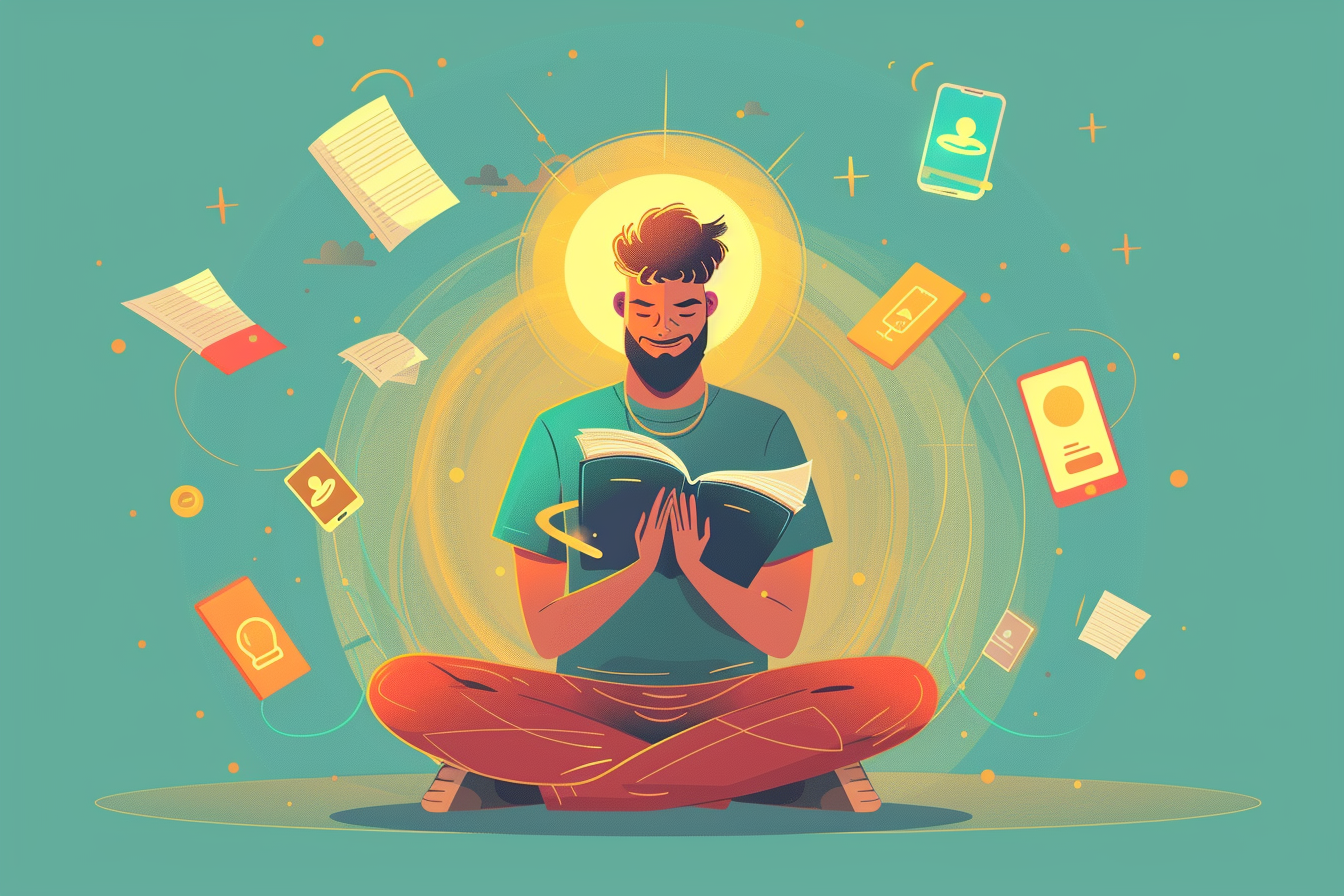 Biblical man sitting cross-legged in prayer, surrounded by digital distractions fading away, with a glowing golden halo.