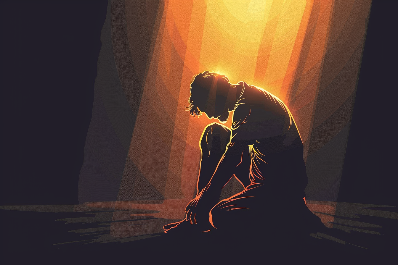 A biblical man sitting with head bowed and hands clasped in prayer, surrounded by darkness with a soft golden light shining down on him.