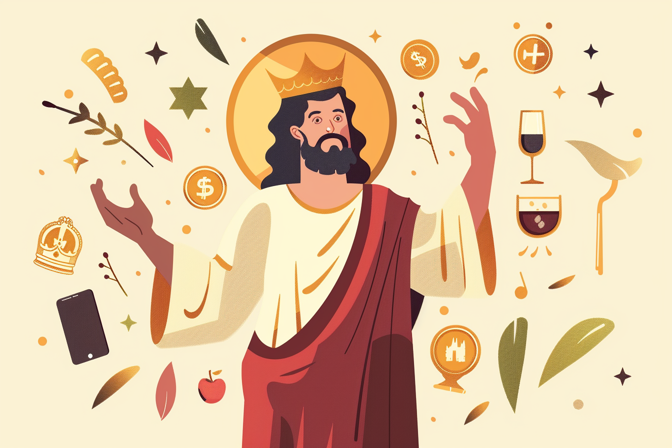 Biblical man standing calmly with one hand raised, surrounded by tempting objects like wine, money, and a crown.