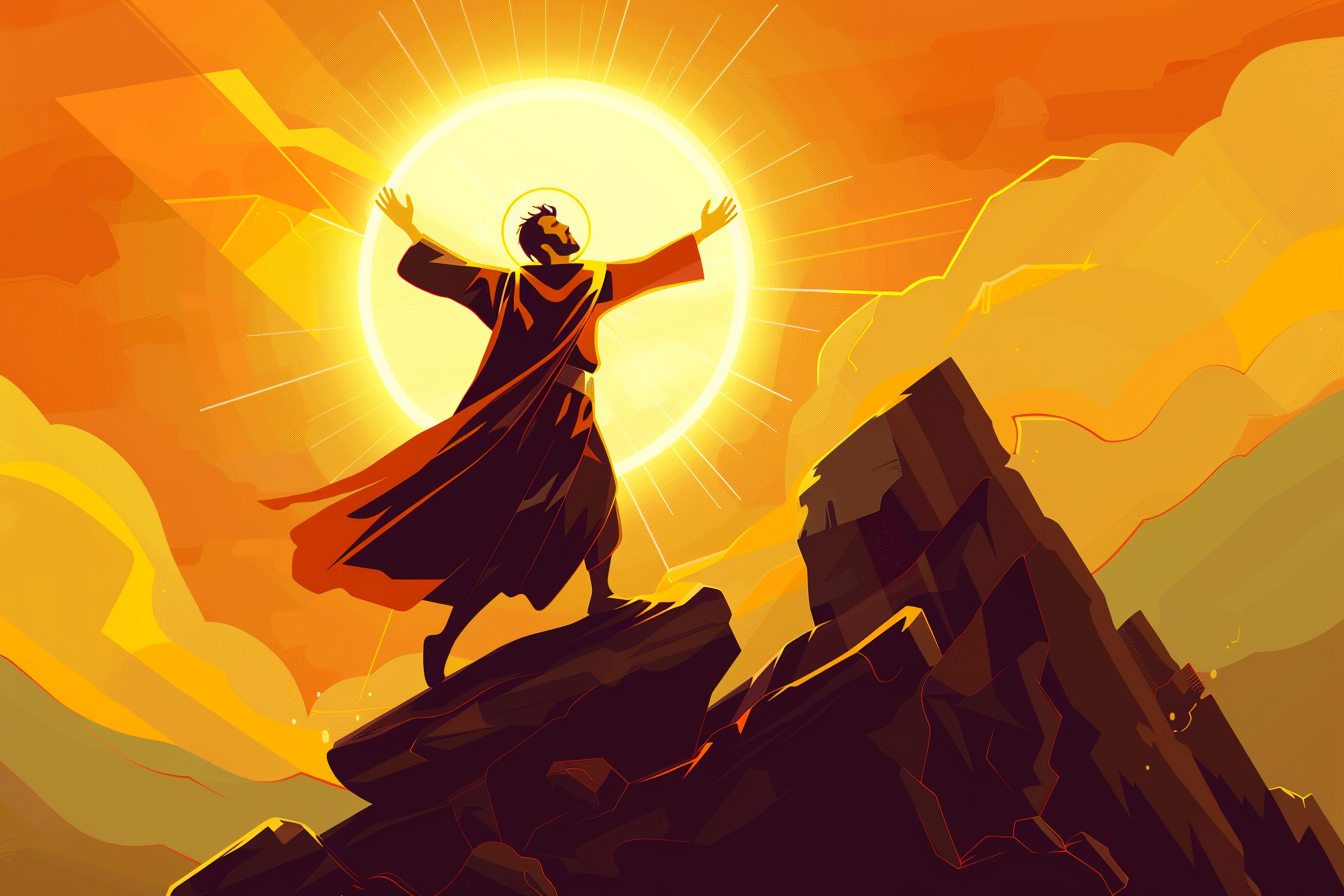 A biblical man standing firm on a rock with arms raised, surrounded by golden light and a glowing halo.