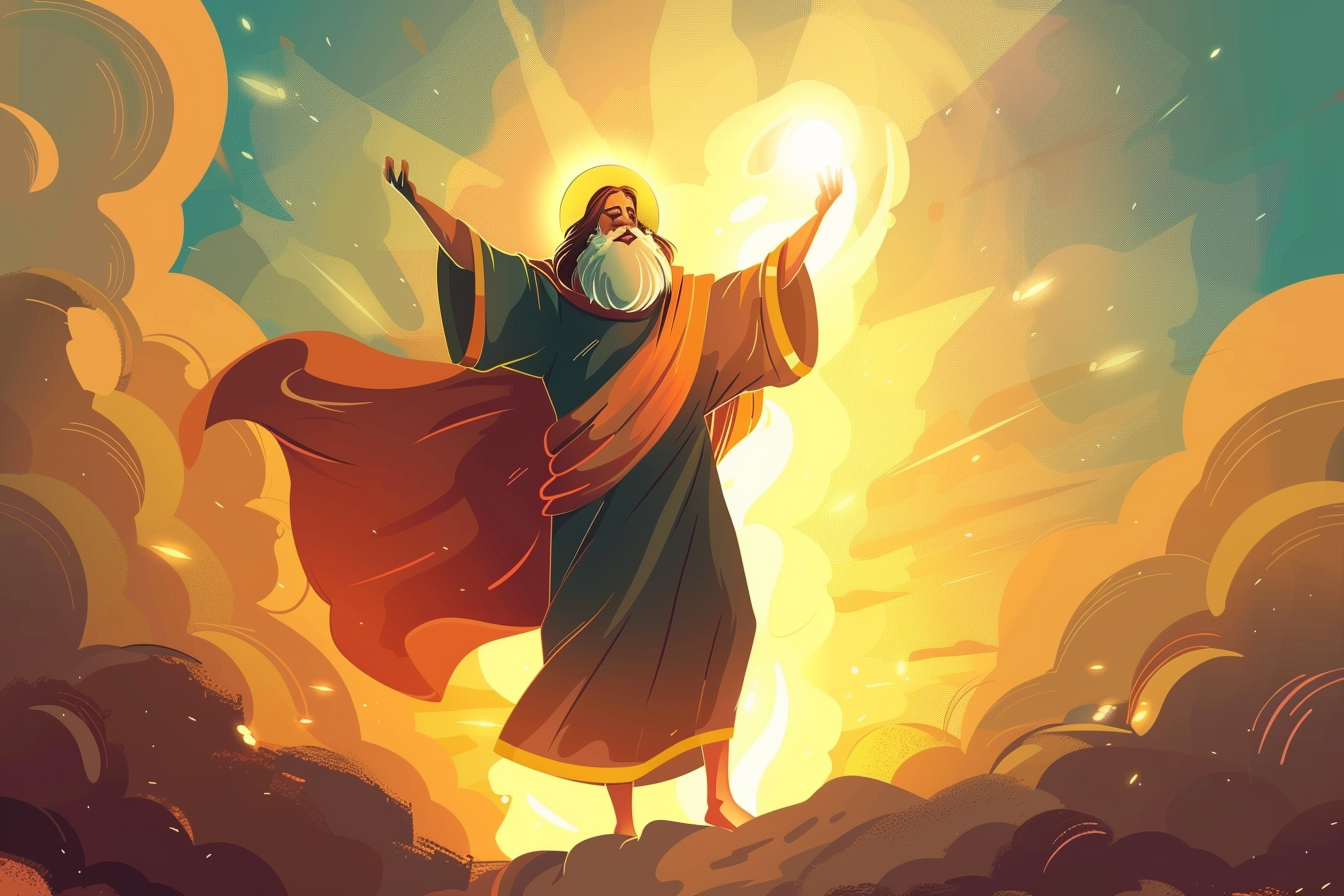 A biblical prophet holding a glowing scroll with arms lifted, standing in radiant light and clouds.