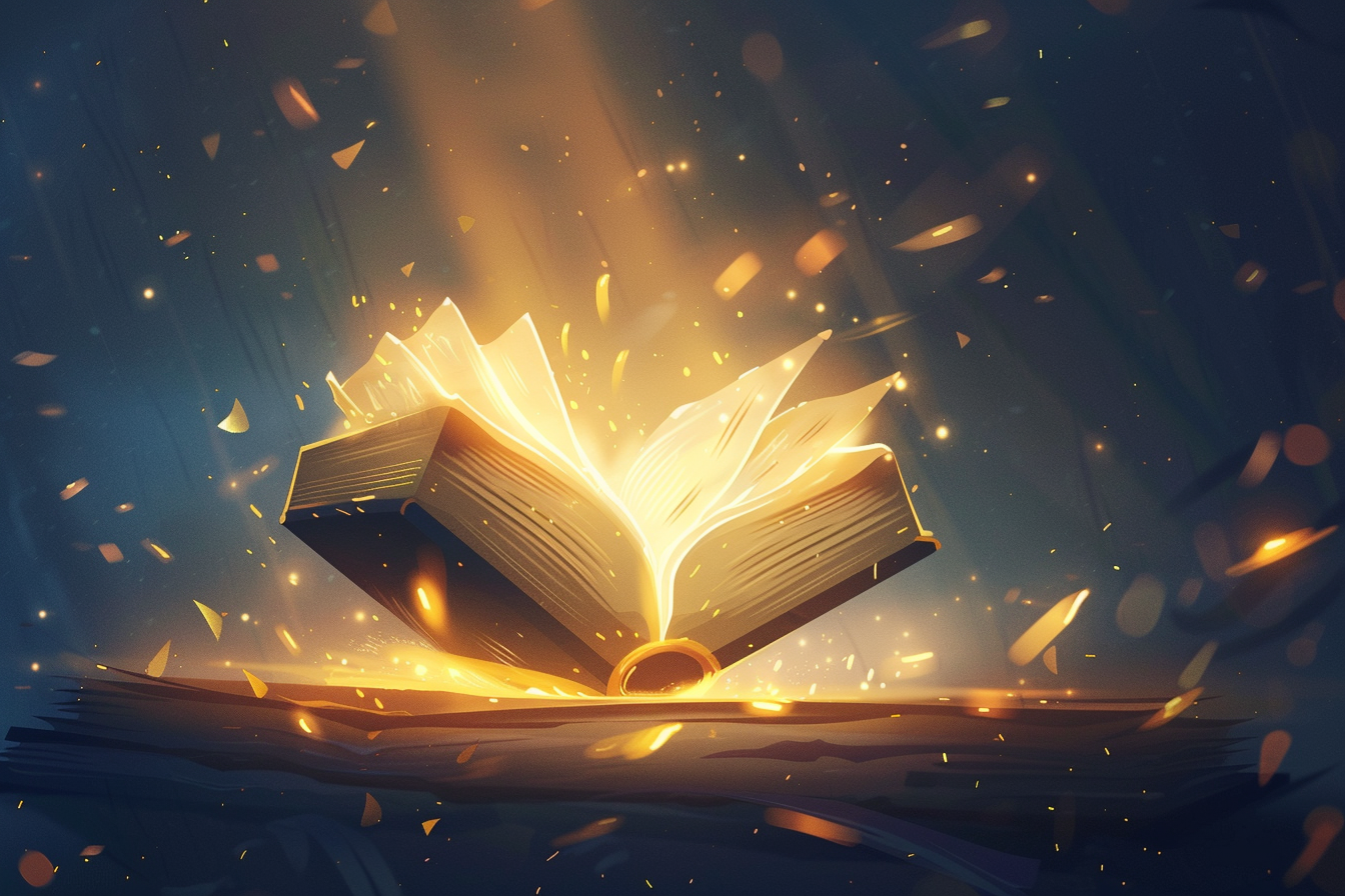 An open glowing Bible floating in midair, radiating golden light and surrounded by sparkling particles.