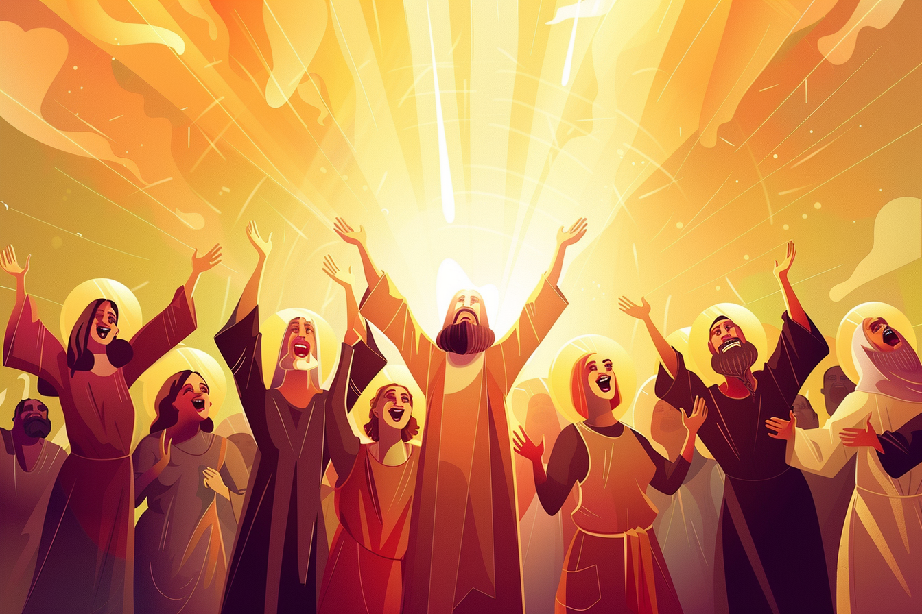 A group of biblical men and women lifting their hands in worship, illuminated by a bright golden light from heaven.